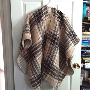 Tan Plaid Reversible Cape Wrap Shawl or Poncho